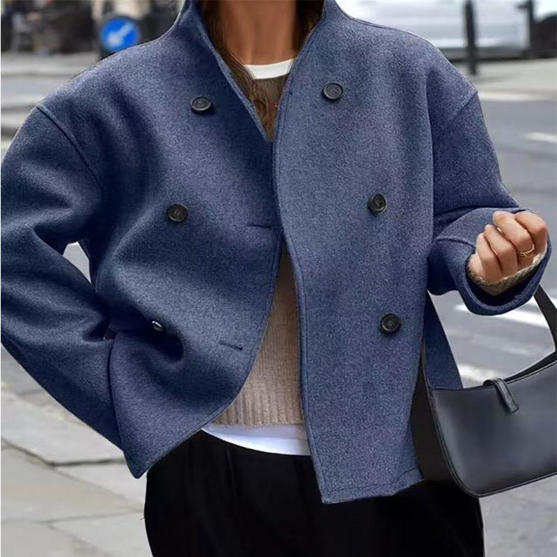 Damen Kurz geschnittener Oversize-Wollmantel mit doppelreihiger Knopfleiste und Stehkragen Drune