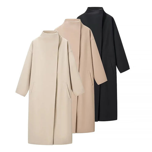 Damen nan minimalistischer Longmantel mit Stehkragen, verdeckter Frontleiste und schrägeingesetzten Eingrifftaschen Drune