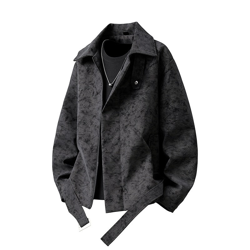 Herren Kurz geschnittene Velours-Optik Jacke mit Hemdkragen, Gürteldetail & verdecktem Reißverschluss Drune