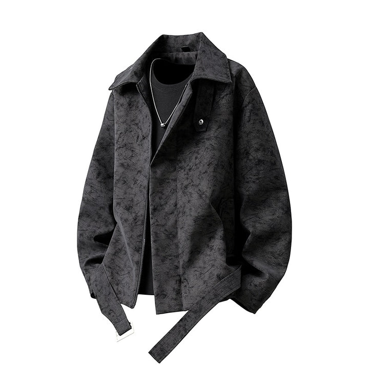 Herren Kurz geschnittene Velours-Optik Jacke mit Hemdkragen, Gürteldetail & verdecktem Reißverschluss Drune