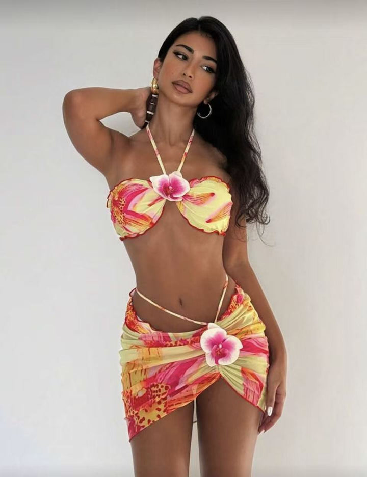 Damen Bikini-Set mit floralem Wickelrock und verstellbarem Oberteil Drune