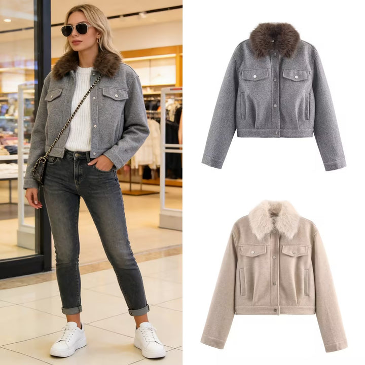 Damen Kurze Wolljacke mit voluminösem Fellkragen, Druckknopf‑Front und aufgesetzten Brusttaschen Drune
