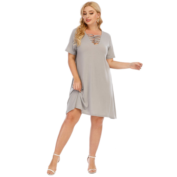 Damen lässiges Loose-Fit Kleid mit V-Ausschnitt und modernen Schnürdetails Drune
