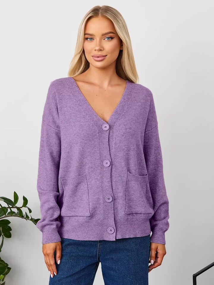 Damen Grobstrick-Cardigan mit tiefem V-Ausschnitt und praktischen Taschen Drune