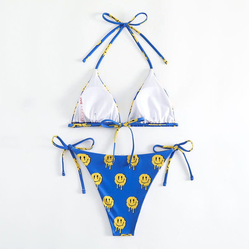 Damen Triangel-Bikini mit fröhlichem Smiley-Muster Drune