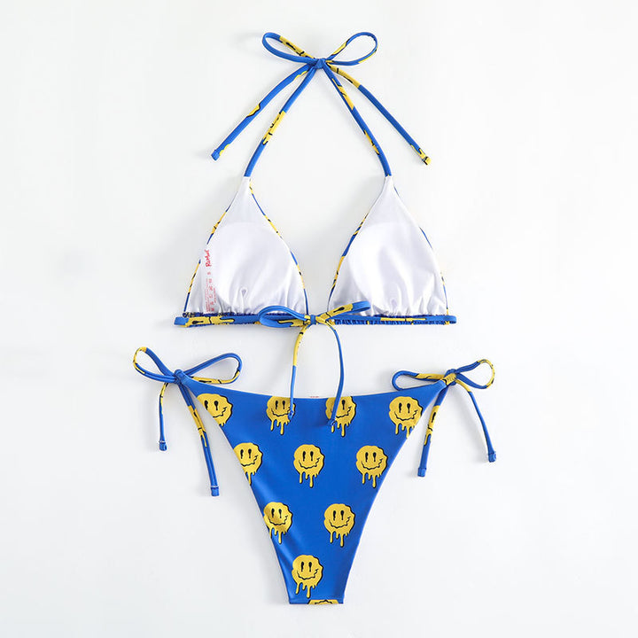 Damen Triangel-Bikini mit fröhlichem Smiley-Muster Drune