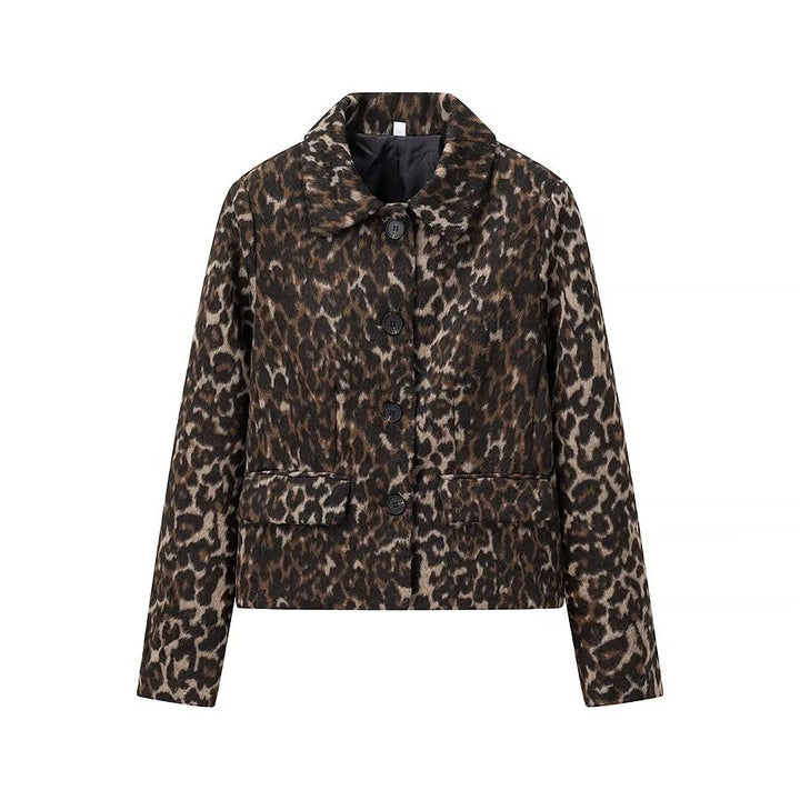Damen nan kastige Kurzjacke mit Leopardenprint, Schalkragen und aufgesetzten Pattentaschen Drune