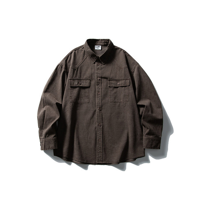 Unisex Oversize Baumwoll-Denim Hemdjacke mit aufgesetzten Brusttaschen und gerundetem Saum Drune