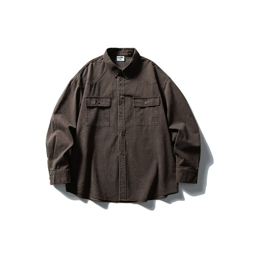 Unisex Oversize Baumwoll-Denim Hemdjacke mit aufgesetzten Brusttaschen und gerundetem Saum Drune