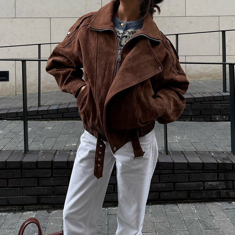 Damen Kunstlederjacke mit modernem Stehkragen und praktischen Reißverschlusstaschen Drune
