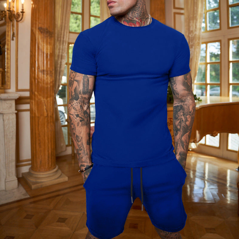Herren nan schlankes Jersey-Set mit Rundhalsshirt und elastischer Tunnelzug-Shorts Drune