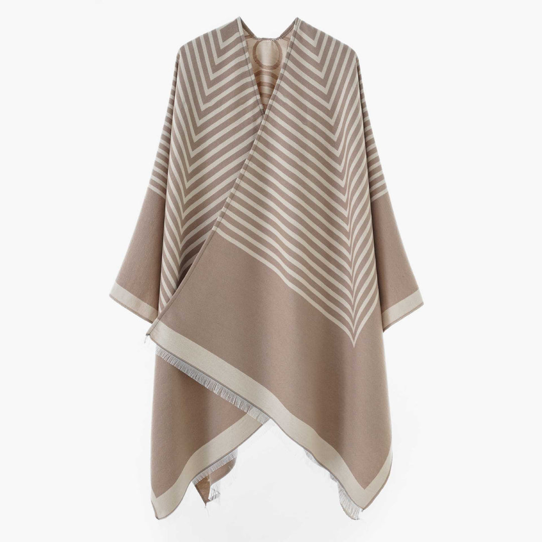 Damen Oversize-Poncho aus Wollmix im Chevron-Jacquard mit offenem V-Ausschnitt Drune