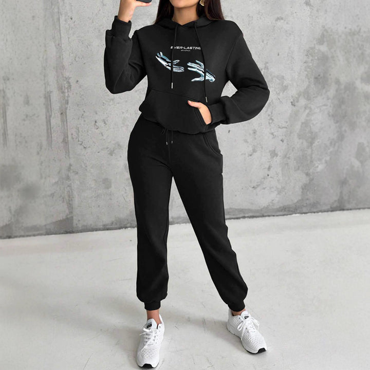 Damen nan Kapuzenpullover im Cropped-Schnitt mit Kängurutasche und grafischem Hand-Print Drune