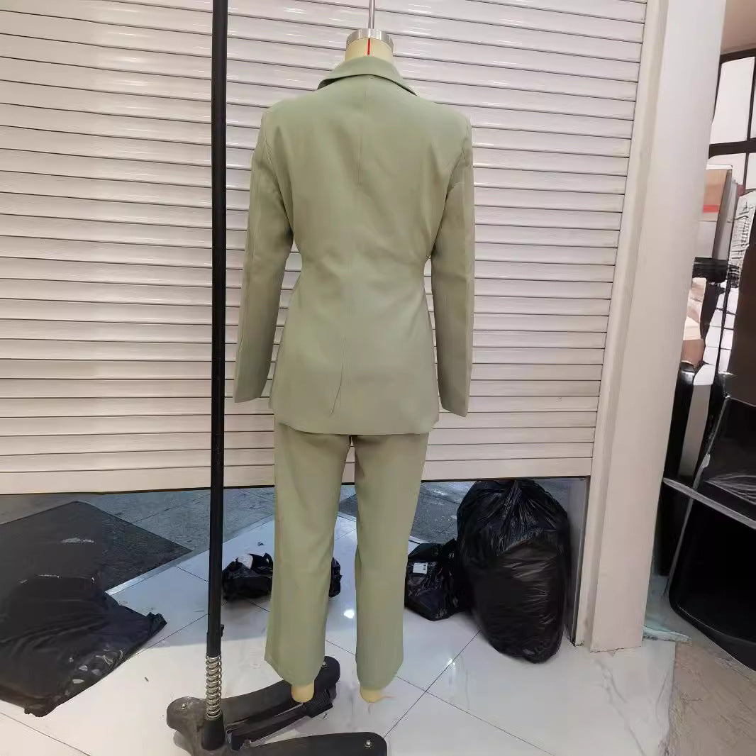 Damen nan tailliertes Blazer- und Highwaist-Hose Zweiteiler mit Bindegürtel Drune