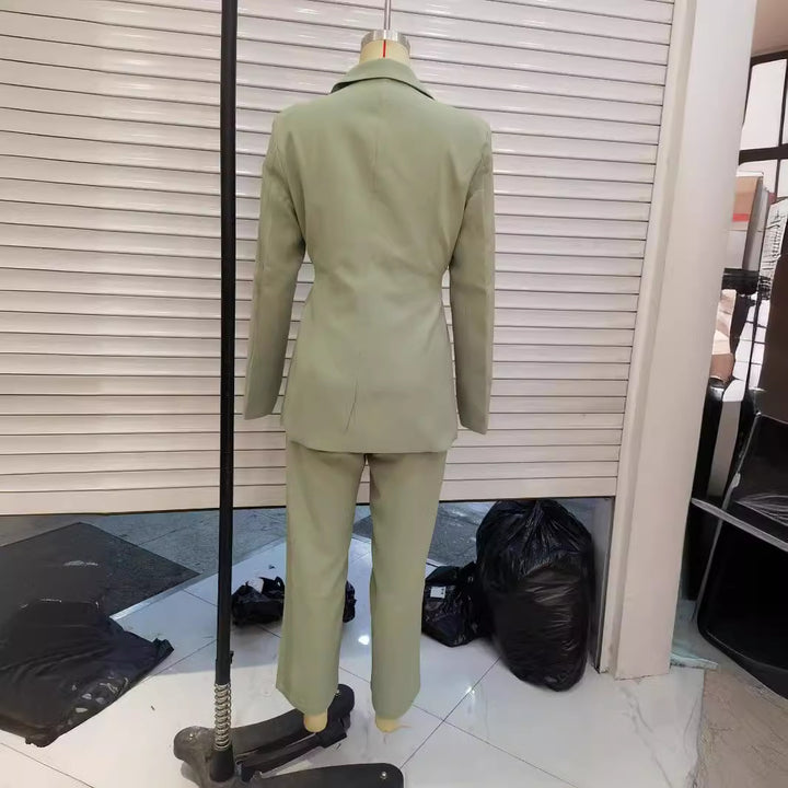 Damen nan tailliertes Blazer- und Highwaist-Hose Zweiteiler mit Bindegürtel Drune