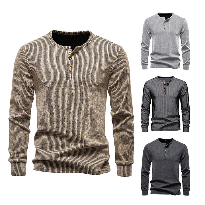 Herren Slim-Fit Gerippter Henley-Langarmpullover mit Rundhalsausschnitt und Knopfleiste Drune