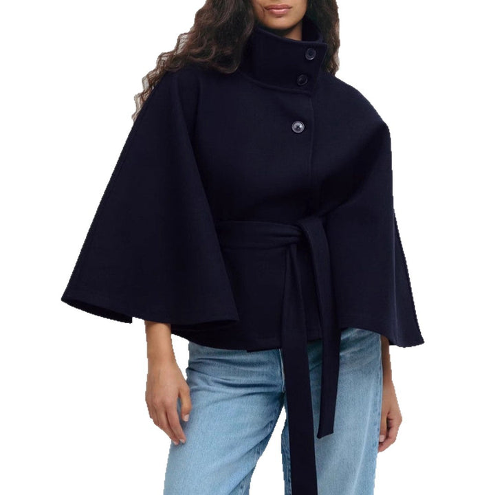 Damen nan kastiges Kurzcape Mantel mit Stehkragen und Bindegürtel Drune