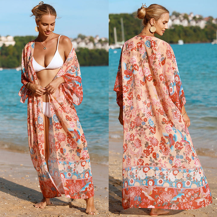 Damen floraler Strandkimono mit weit geschnittenen Ärmel Drune