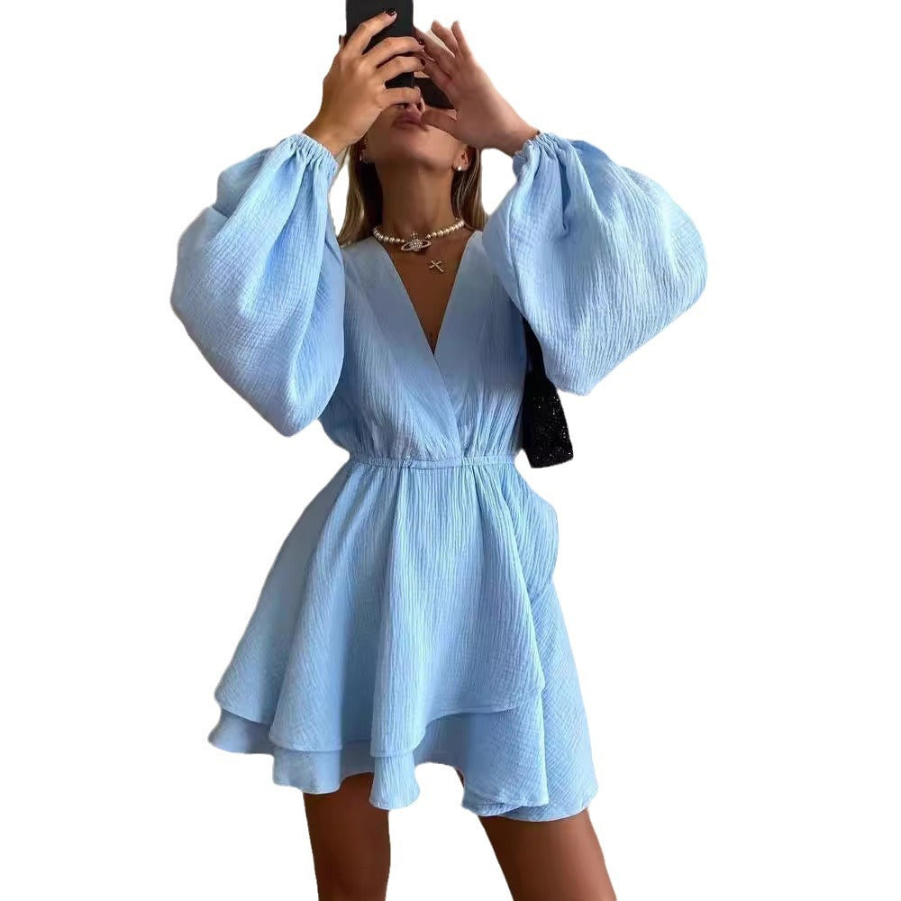 Damen Luftiges Wickelkleid mit Volantstufen und Ballonärmeln Drune