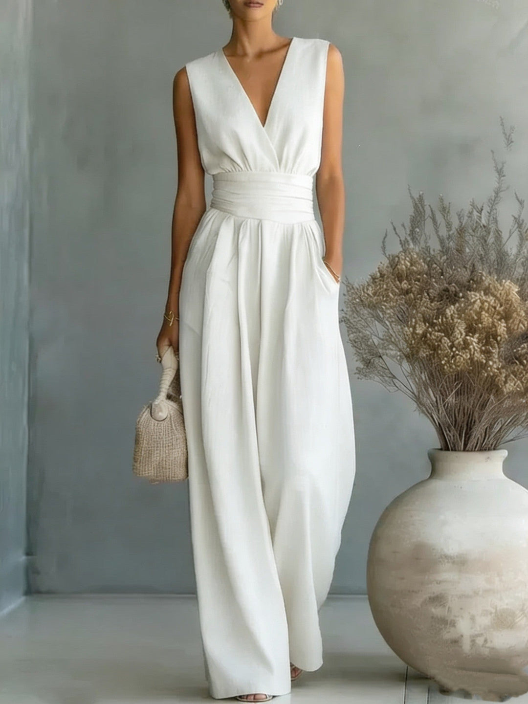 Drune | Eleganter Ärmelloser Jumpsuit mit Tiefem V-Ausschnitt, Taillenbund und Weitem Bein