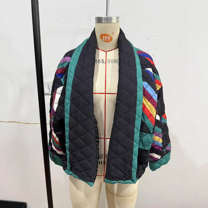 Damen wattierte Kimono-Steppjacke mit Patchwork-Design und weiten Ärmeln Drune