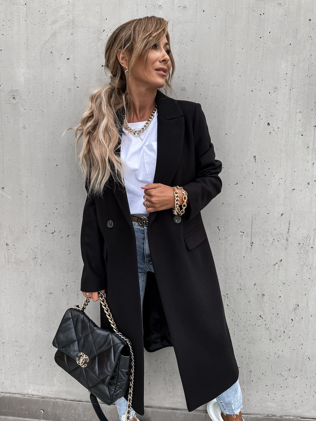 Damen eleganter Langblazer mit Taschen und schmalem Schnitt Drune