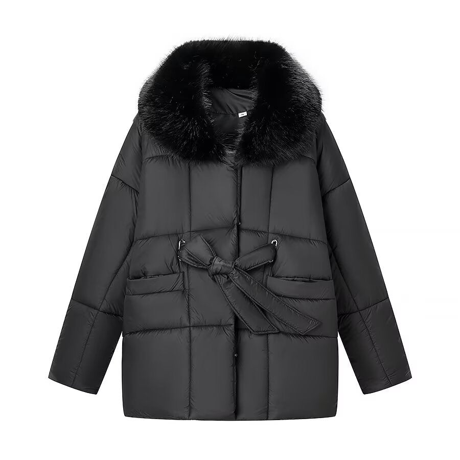 Damen Oversize Steppjacke mit Taillengürtel und Kunstfellkragen Drune