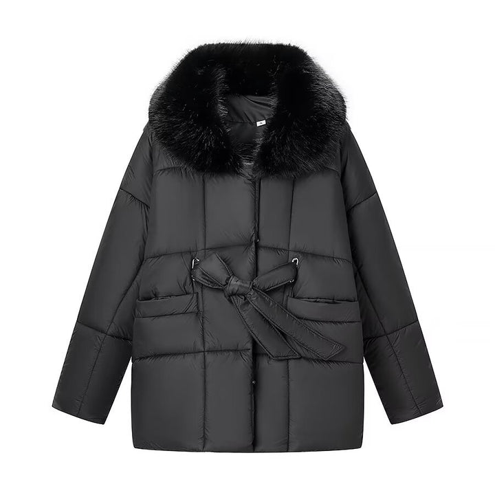 Damen Oversize Steppjacke mit Taillengürtel und Kunstfellkragen Drune
