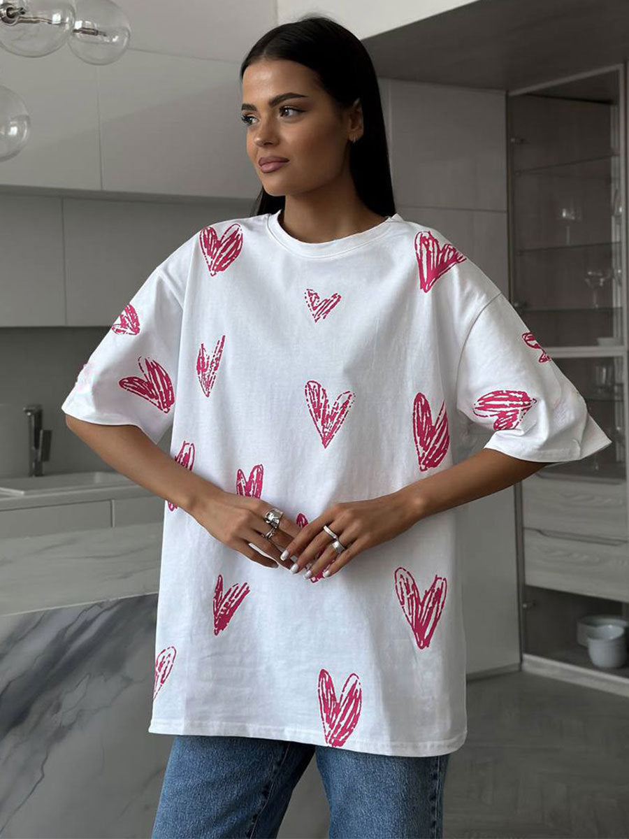 Damen lässiges T-Shirt mit Herzmotiv Drune