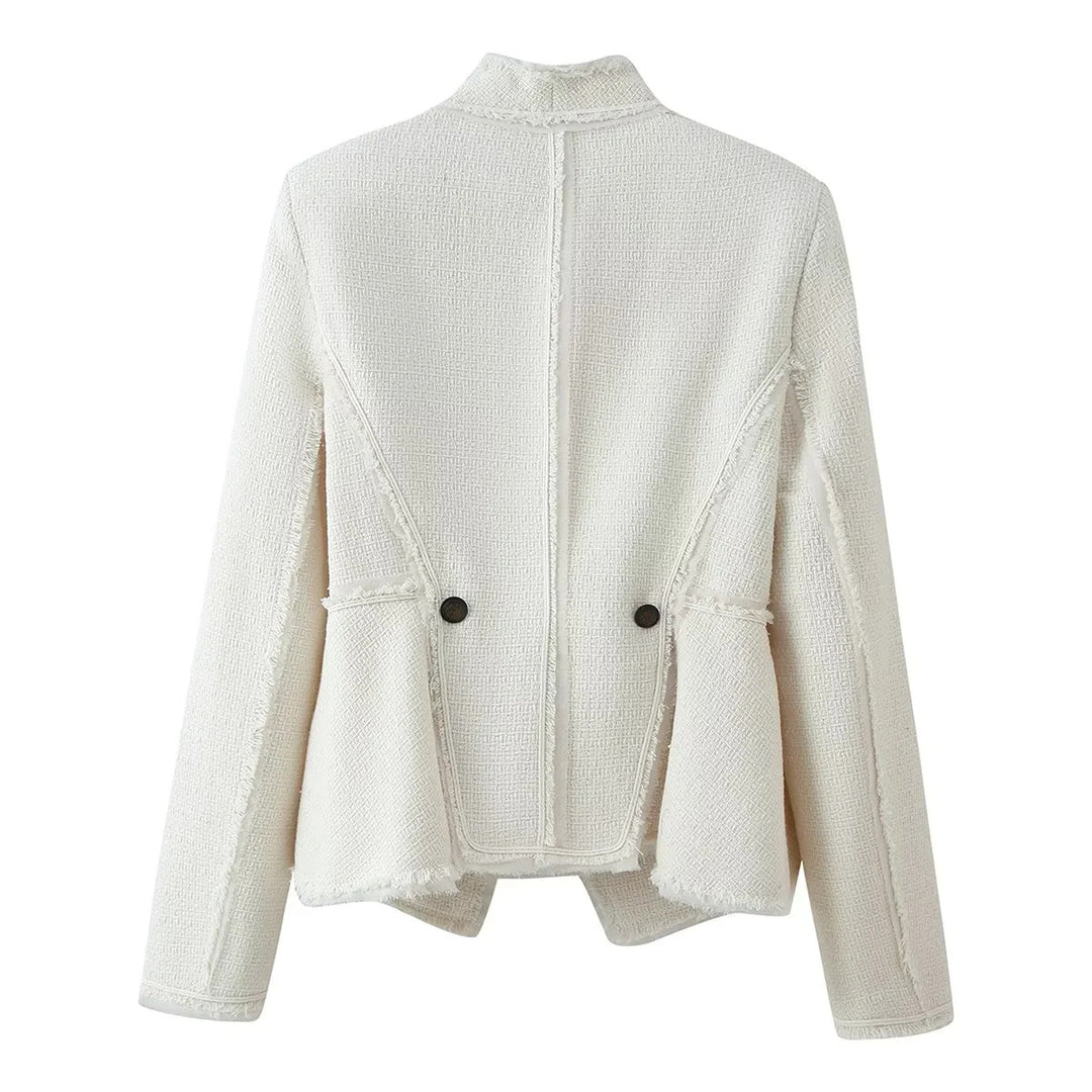 Damen nan taillierte Bouclé-Jacke mit Stehkragen, Zierriegel und dezenten Fransen Drune