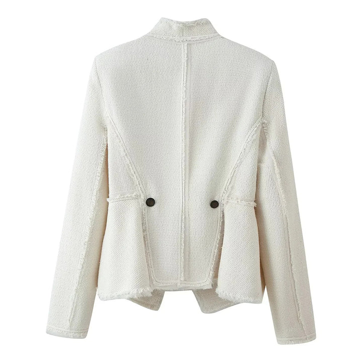 Damen nan taillierte Bouclé-Jacke mit Stehkragen, Zierriegel und dezenten Fransen Drune