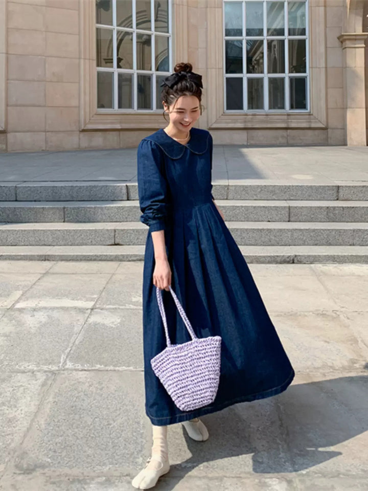 Damen Langes Chambray-Midaxi-Hemdkleid mit geraffter Taillenpasse und weitem Rockfalten Drune