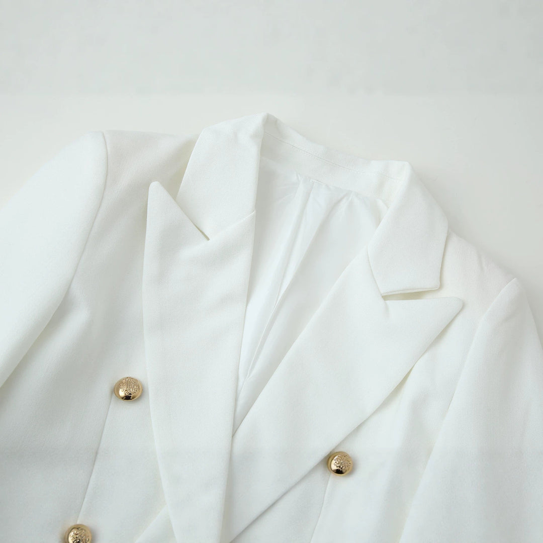 Damen Doppelreihiger Longline-Blazer mit Schalkragen und goldenen Zierknöpfen Drune
