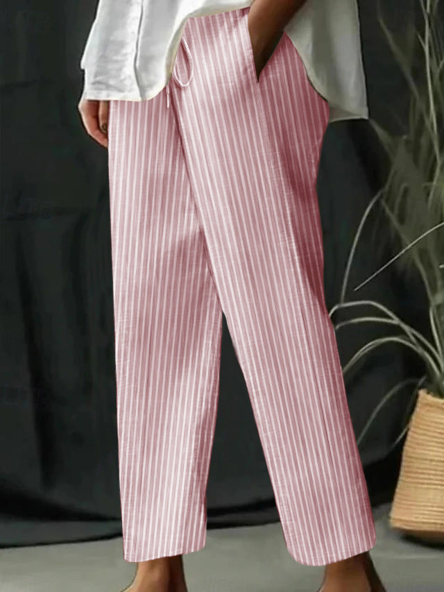 Damen gestreifte Leinen-Optik-Hose mit hohem Bund, Kordelzug und geradem, cropped Schnitt Drune