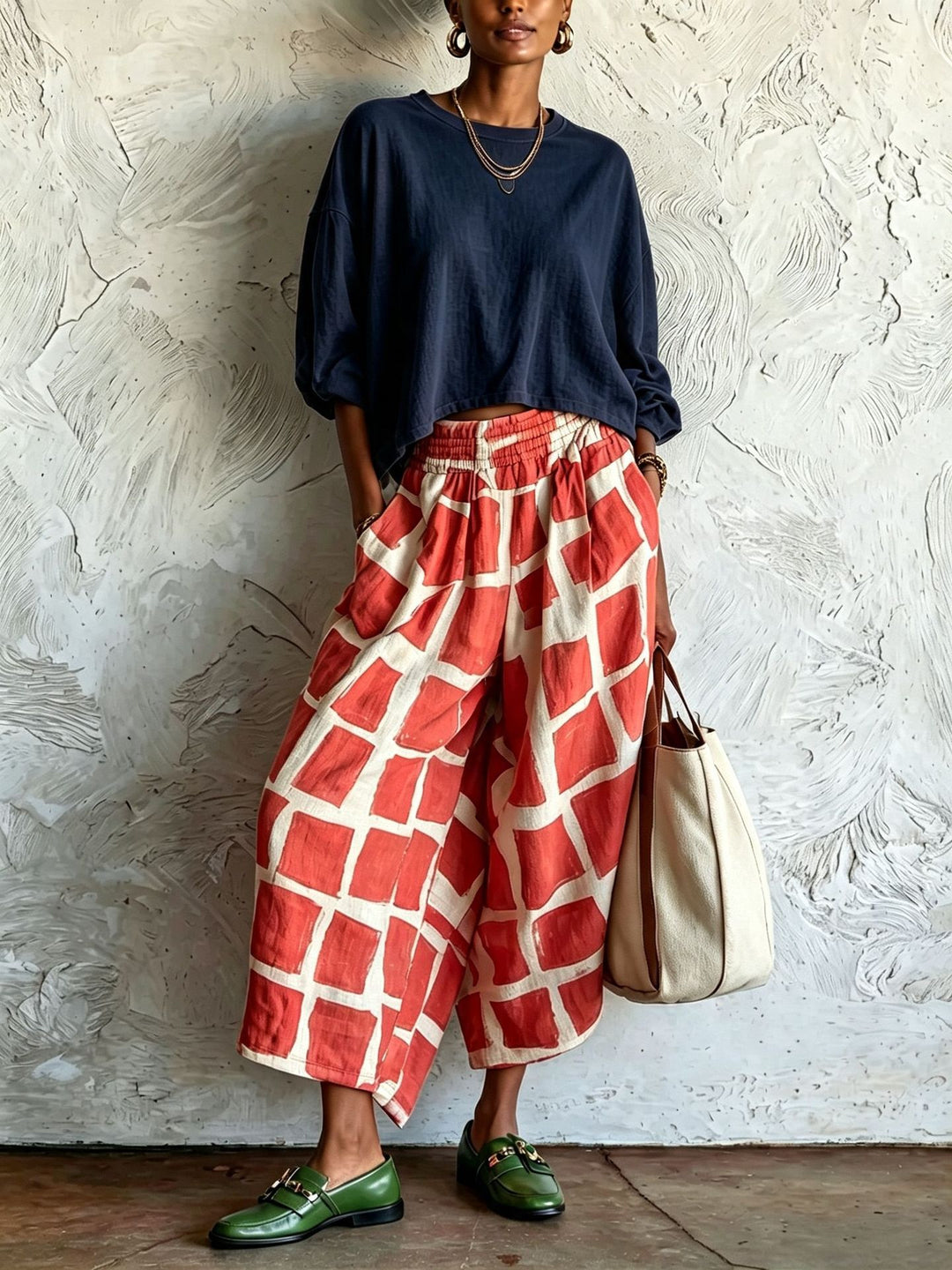Damen Weite Culotte-Hose aus Leinenmix mit elastischem Bund und grafischem Print Drune