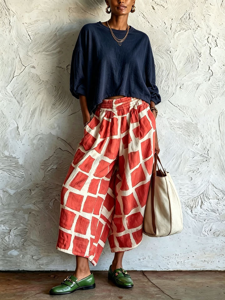 Damen Weite Culotte-Hose aus Leinenmix mit elastischem Bund und grafischem Print Drune