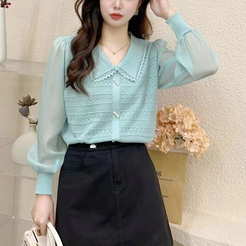 Damen Bluse mit Spitzenkragen und dekorativen Knöpfen