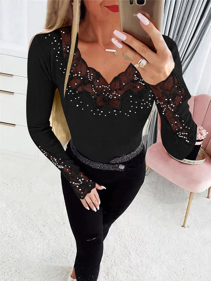 Damen nan figurbetonte Feinstrickbluse mit V-Ausschnitt und floraler Spitzenapplikation Drune