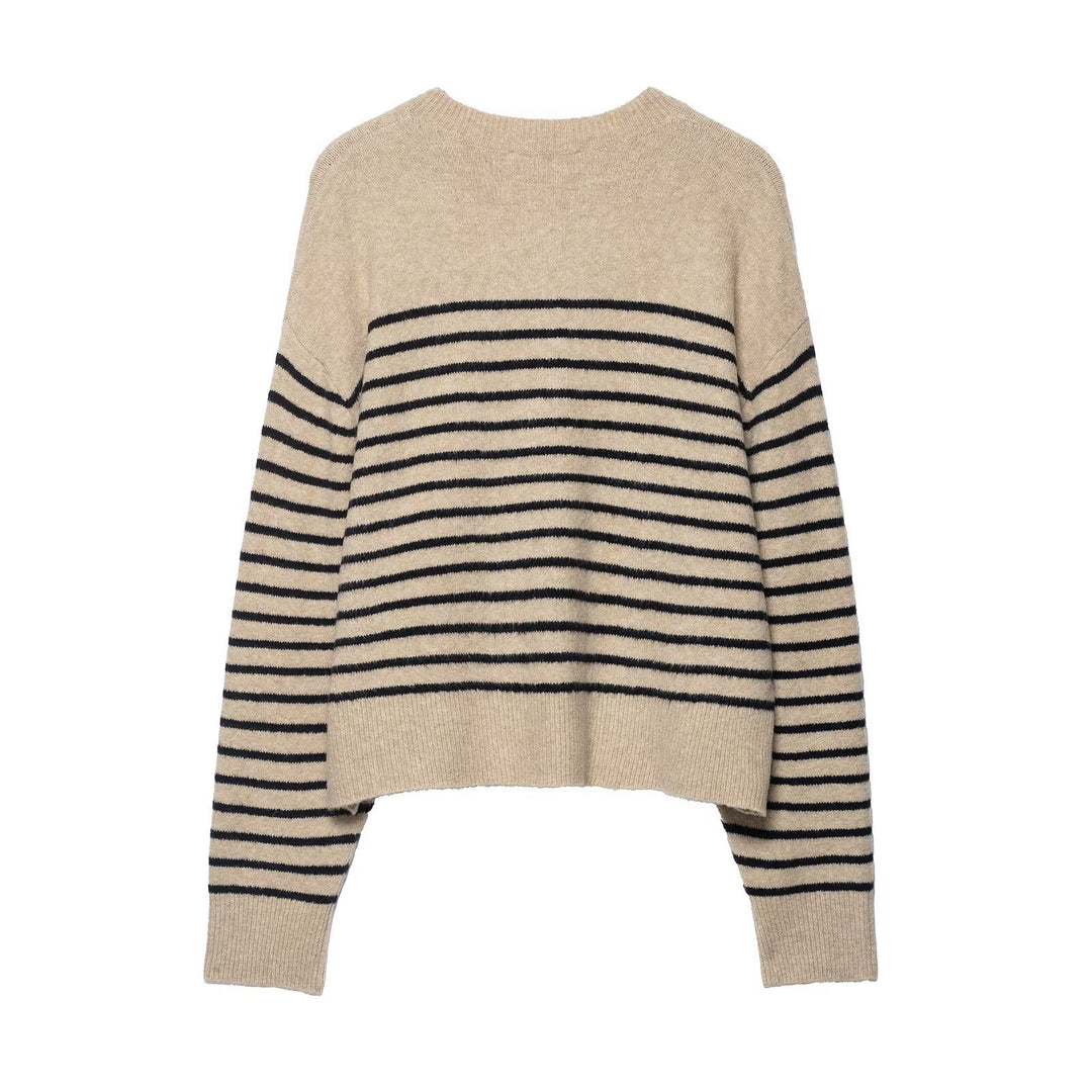 Damen Gestreifter Feinstrick-Henley-Pullover mit überschnittener Schulter und geripptem Saum Drune