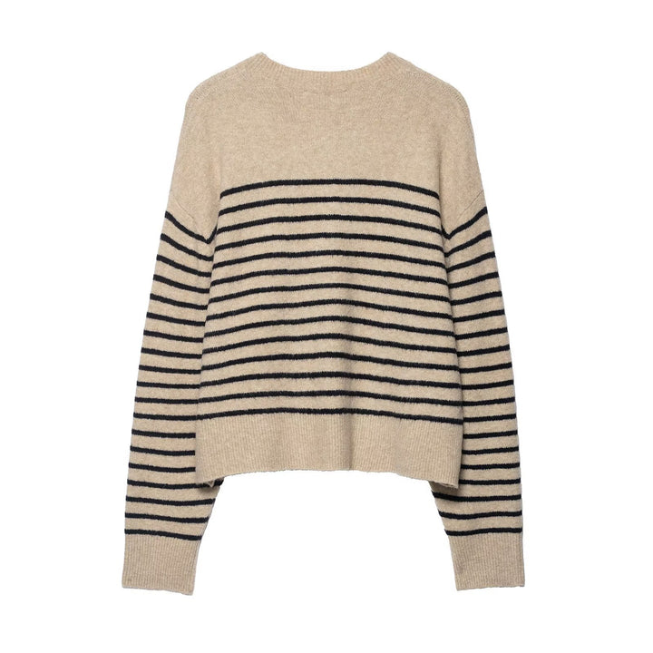 Damen Gestreifter Feinstrick-Henley-Pullover mit überschnittener Schulter und geripptem Saum Drune