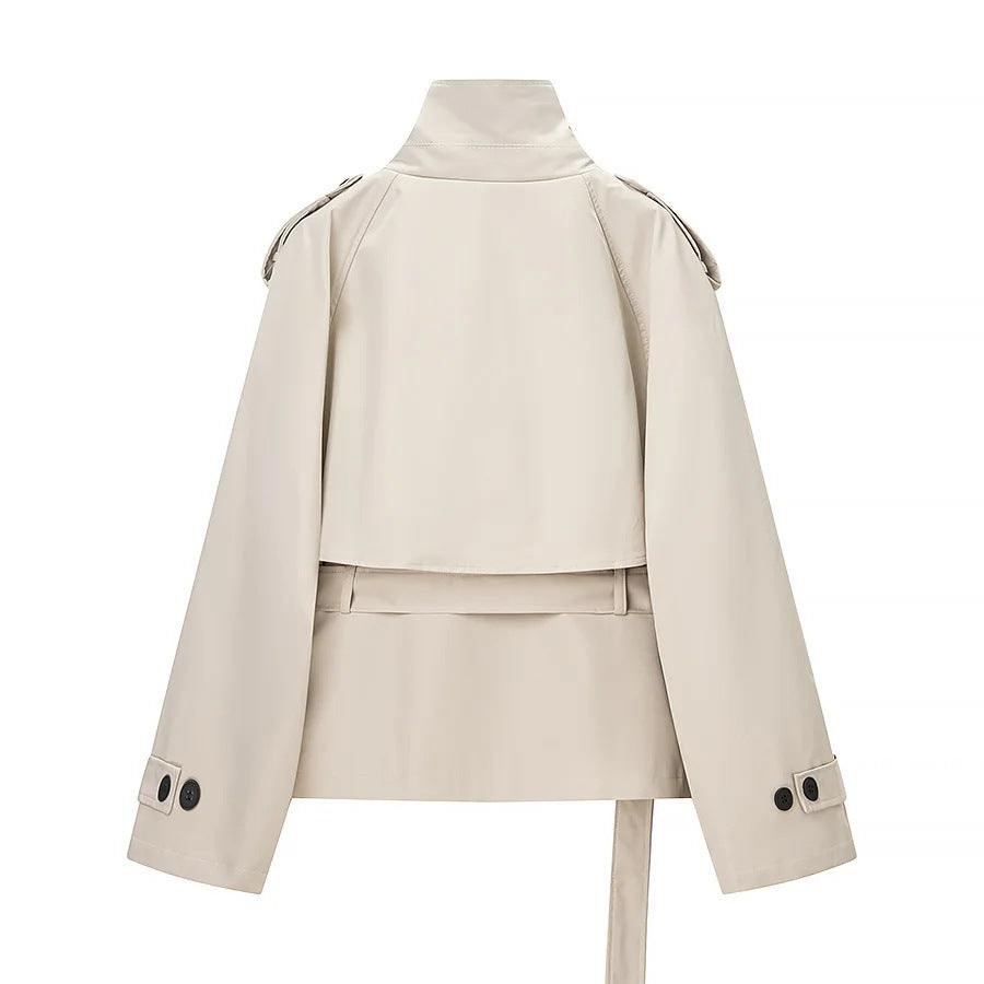Damen nan kurze Trenchjacke mit Stehkragen, Schulterklappen und Taillengürtel Drune