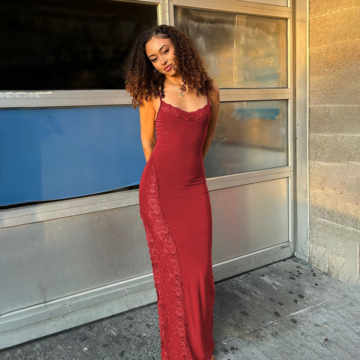 Damen elegantes Spitzen-Maxikleid mit zarten Trägerspitzendetails Drune