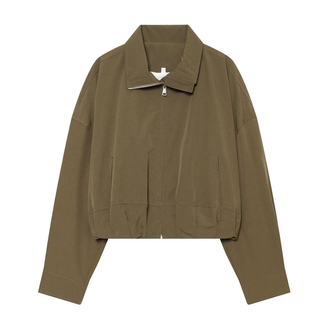 Damen Leichte Cropped-Blousonjacke mit Stehkragen, Reißverschluss und elastischem Bund Drune