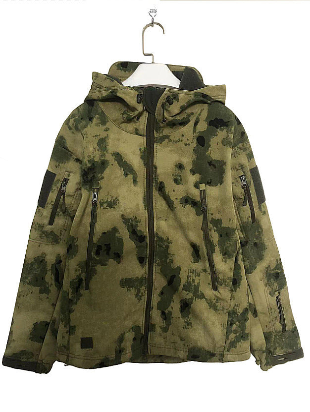 Herren taktische Softshelljacke mit Kapuze, Tarnmuster und ergonomischem Stretchschnitt Drune