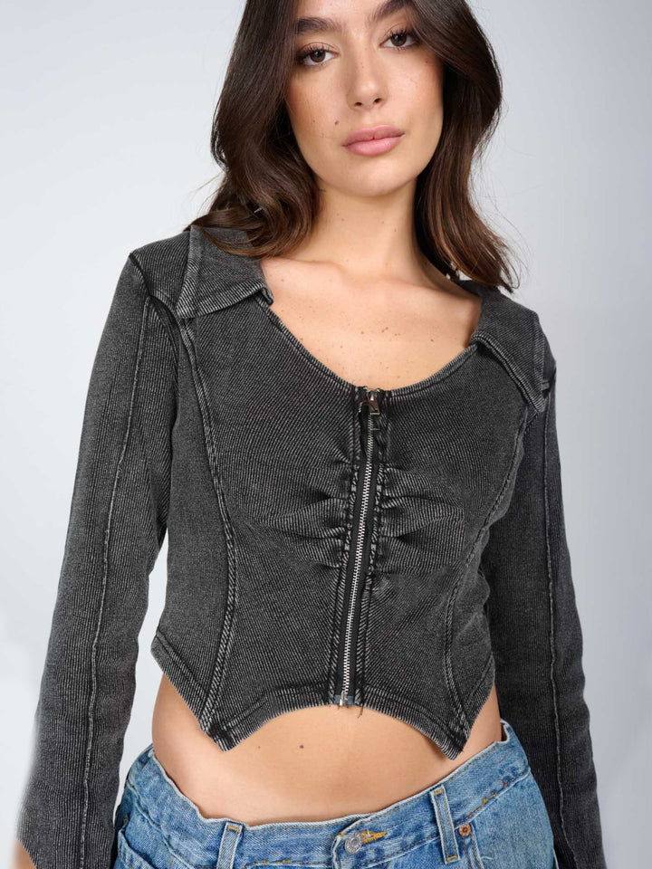Damen tailliertes Jeansjacke mit Reißverschluss Drune