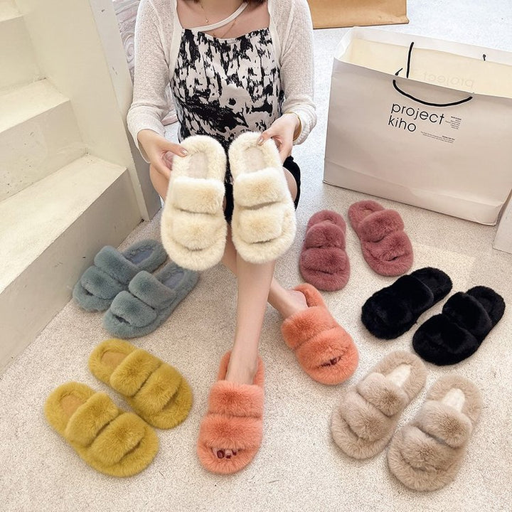 Damen Flauschige Hausschuhe mit doppeltem Riemen und weichem Innenfutter Drune