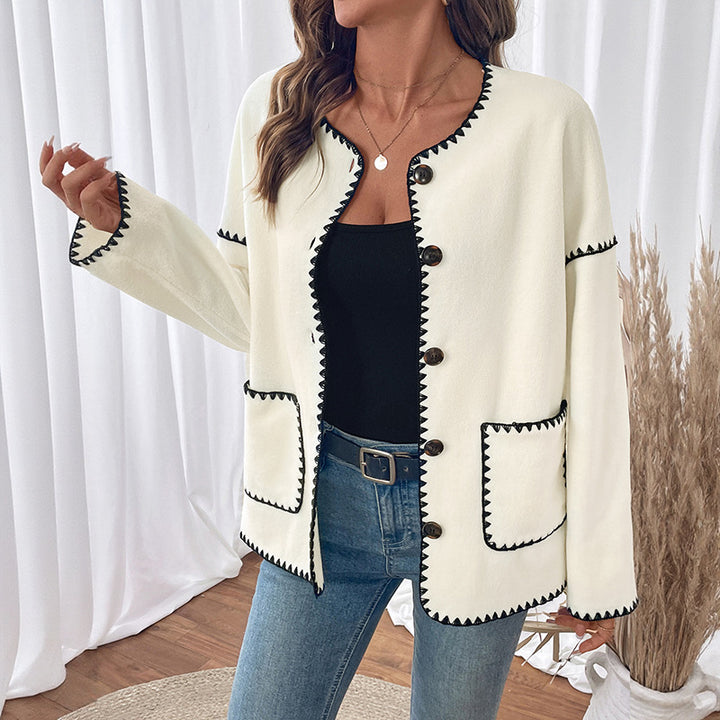 Damen Lockerer Rundhalsausschnitt-Cardigan mit kontrastierender Zierstich-Naht, Knopfleiste & aufgesetzten Taschen Drune