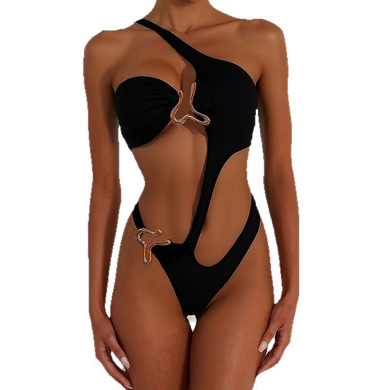 Damen Einseitiger Cut-Out Badeanzug mit luxuriösem Dekor Drune