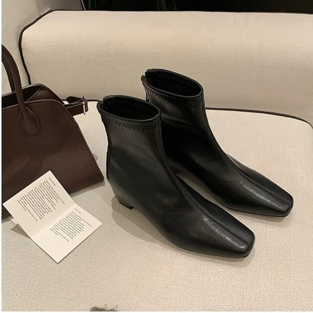 Damen Knöchelhohe Leder-Stiefelette mit quadratischer Zehenpartie, Mittelnähte und elastischem Schaft Drune
