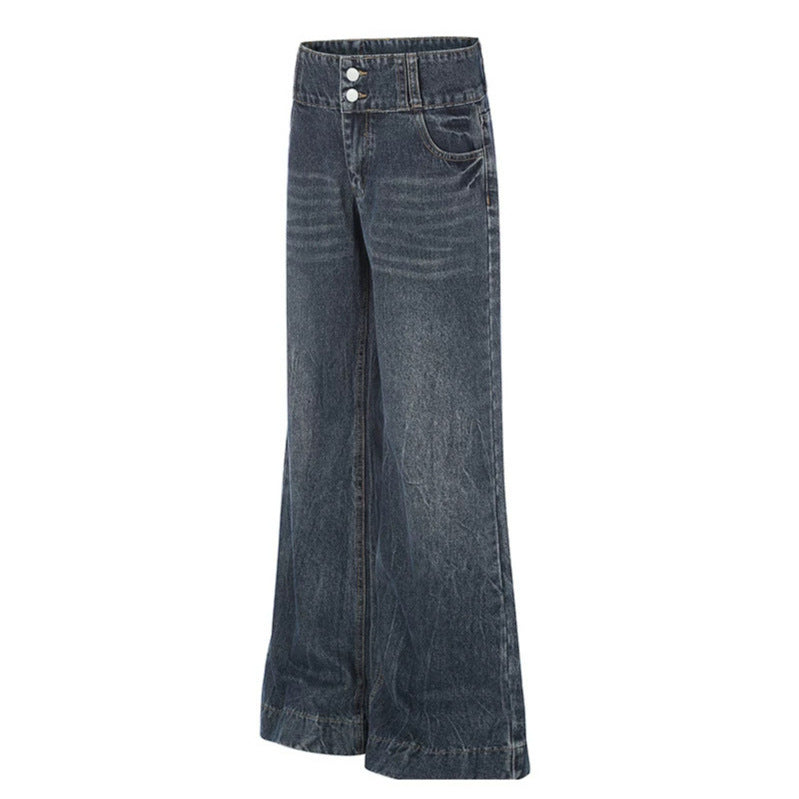 Damen High-Waist Weite Palazzo-Jeans mit Doppelknopf und ausgestelltem Bein Drune